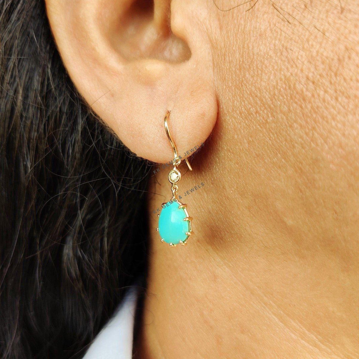 Natural Arizona Turquoise & Diamond Earrings, 14K Solid Yellow Gold Diamond Dangle Jewelry, Christmas Present