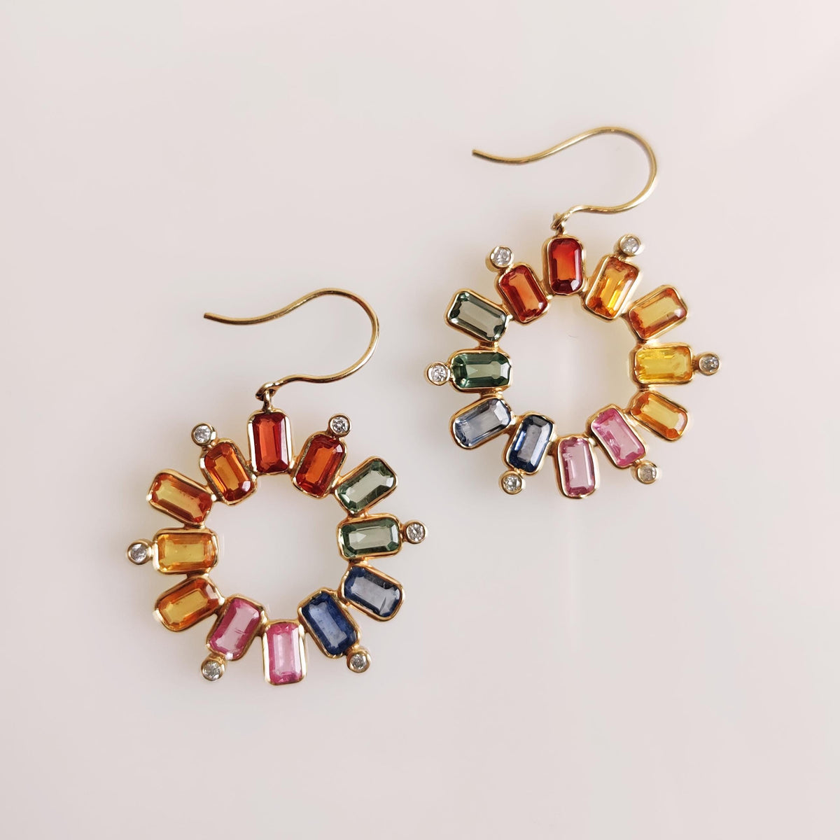 14K Solid Yellow Gold Natural Multi Sapphire & Diamond Flower Earrings, September Birthstone, Christmas Present