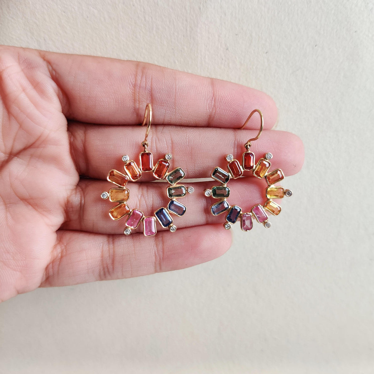 14K Solid Yellow Gold Natural Multi Sapphire & Diamond Flower Earrings, September Birthstone, Christmas Present
