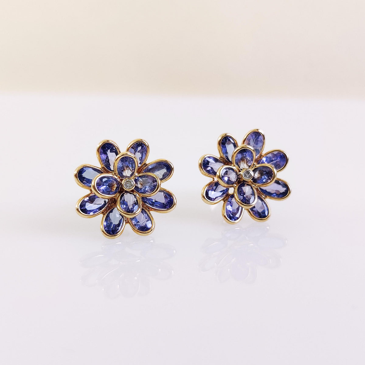 14K Solid Yellow Gold Natural Tanzanite & Diamond Flower Stud Earrings, December April Birthstone, Christmas Present