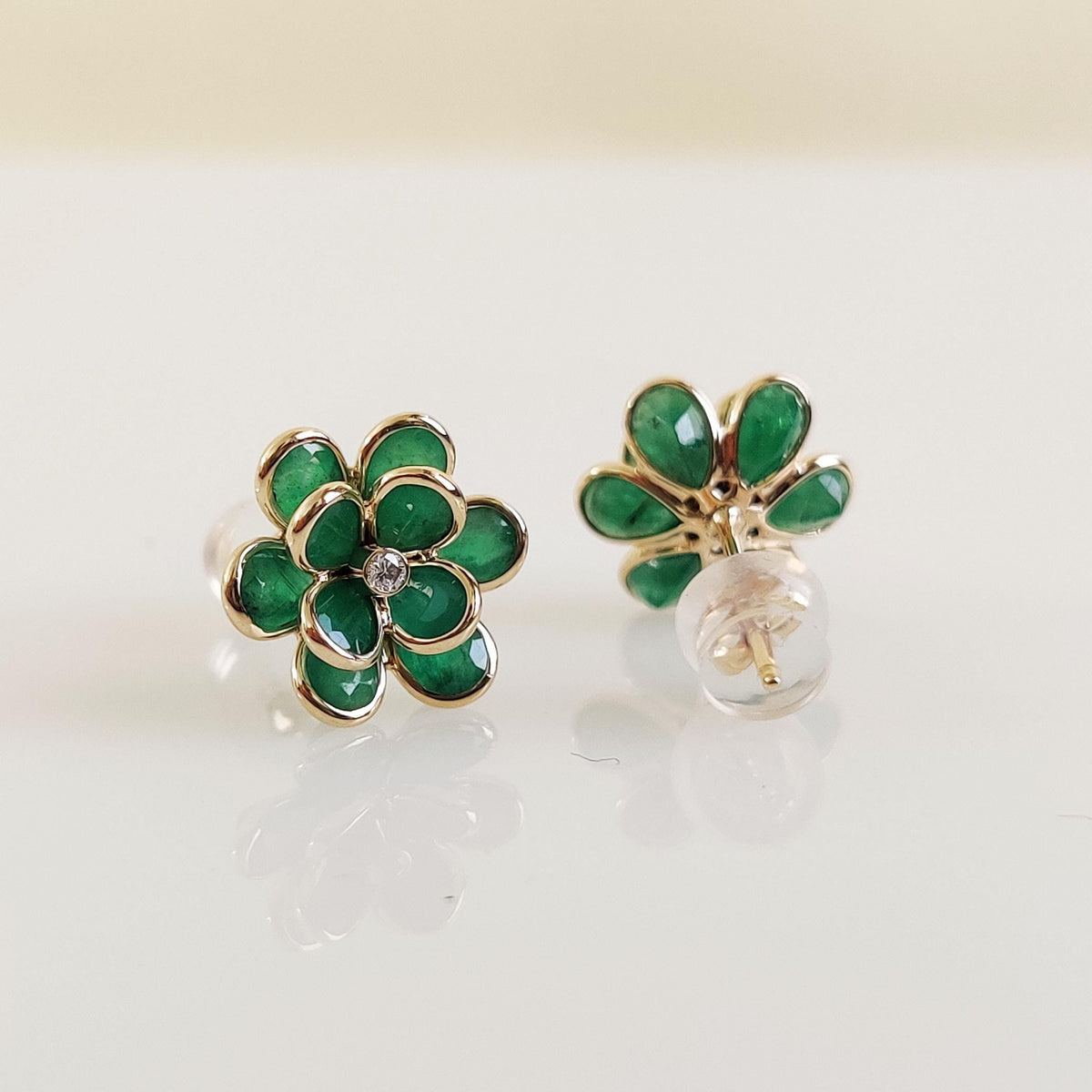 Natural Emerald & Diamond Flower Stud Earrings, 14K Solid Yellow Gold, May Birthstone, Anniversary Gift