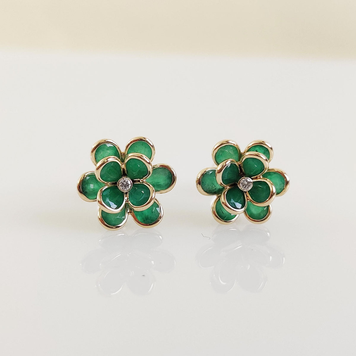 Natural Emerald & Diamond Flower Stud Earrings, 14K Solid Yellow Gold, May Birthstone, Anniversary Gift