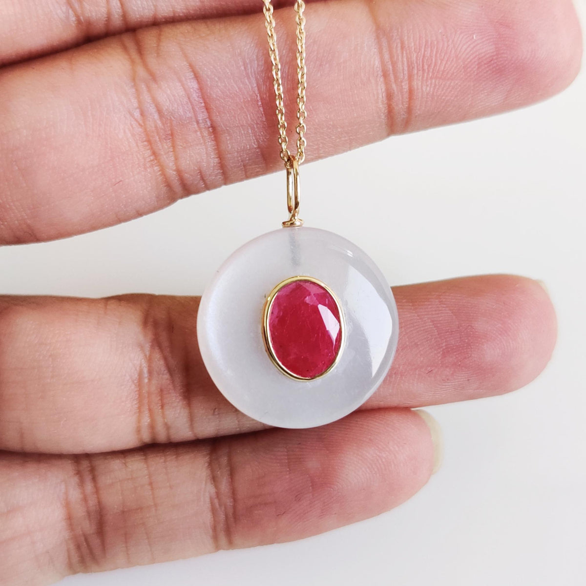 Natural White Moonstone & Ruby Pendant, 14K Solid Yellow Gold Pendant, June July Birthstone, Christmas Present