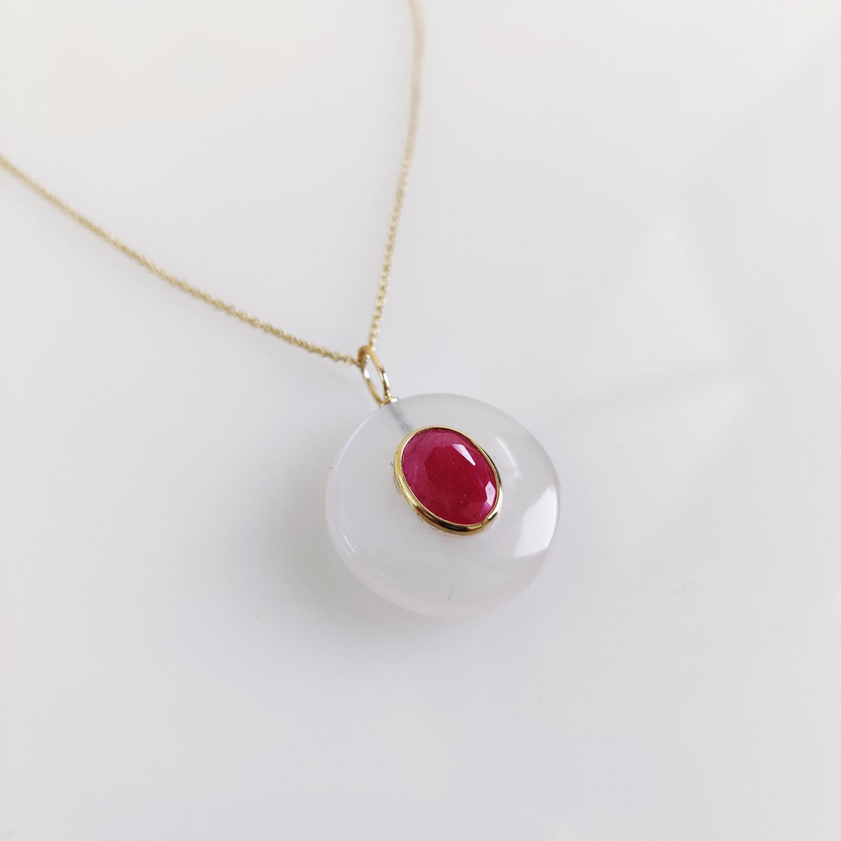 Natural White Moonstone & Ruby Pendant, 14K Solid Yellow Gold Pendant, June July Birthstone, Christmas Present