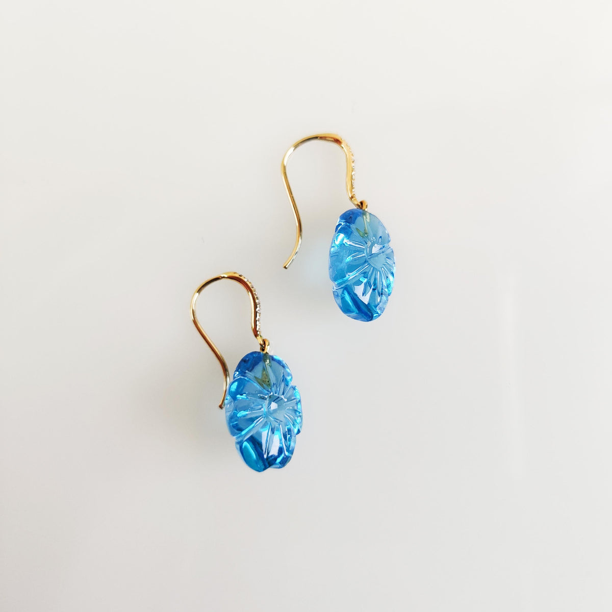 Natural Swiss Blue Topaz & Diamond Earrings, 14K Solid Yellow Gold Carving Earrings, Christmas Present