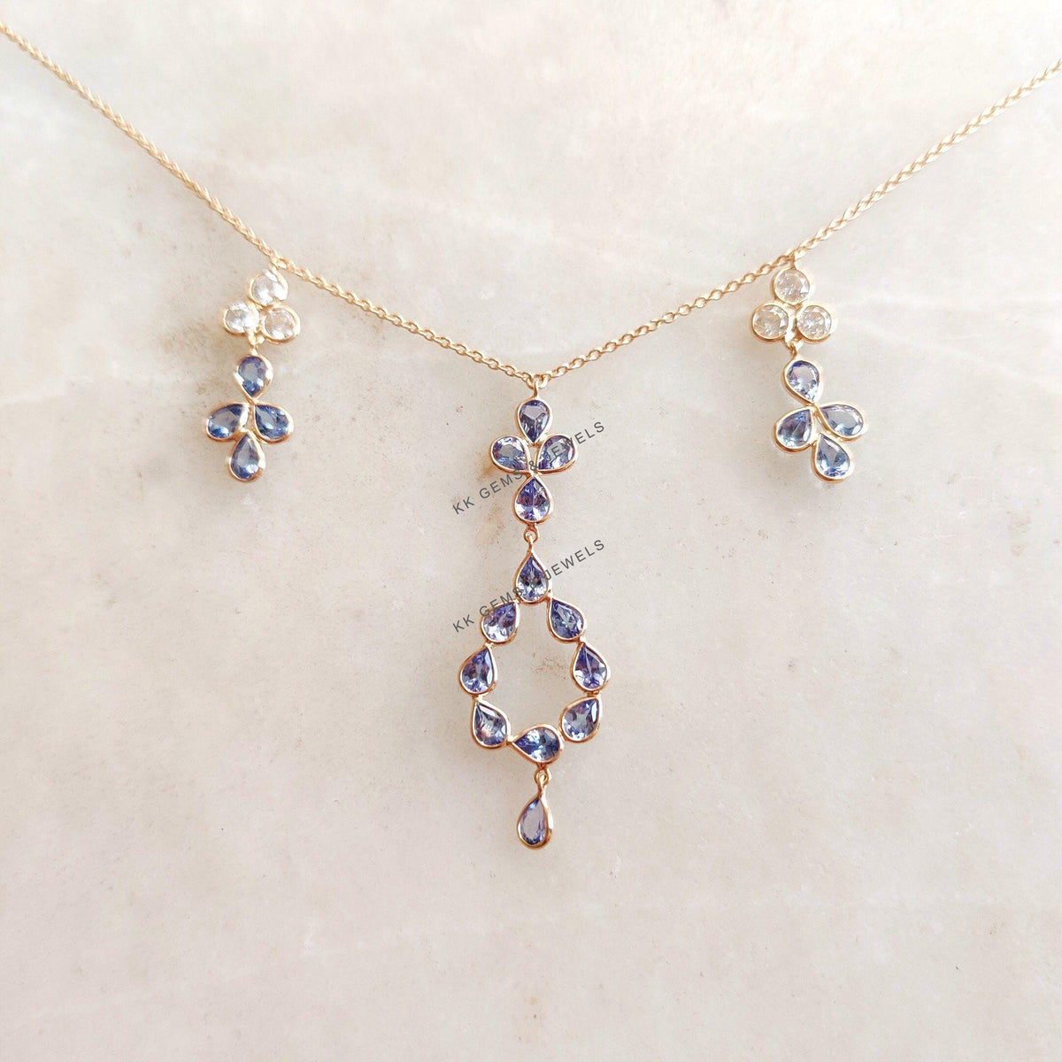 14K Solid Yellow Gold Natural Tanzanite & Diamond Chain Necklace, Pear Cut Gemstone, Christmas Present