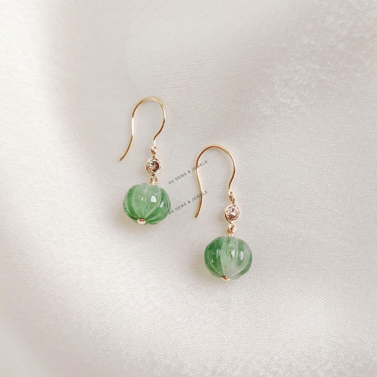 14K Solid Yellow Gold Natural Green Tourmaline & Diamond Earrings, October Birthstone, Anniversary Gift