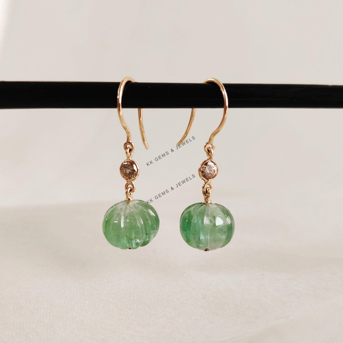 14K Solid Yellow Gold Natural Green Tourmaline & Diamond Earrings, October Birthstone, Anniversary Gift