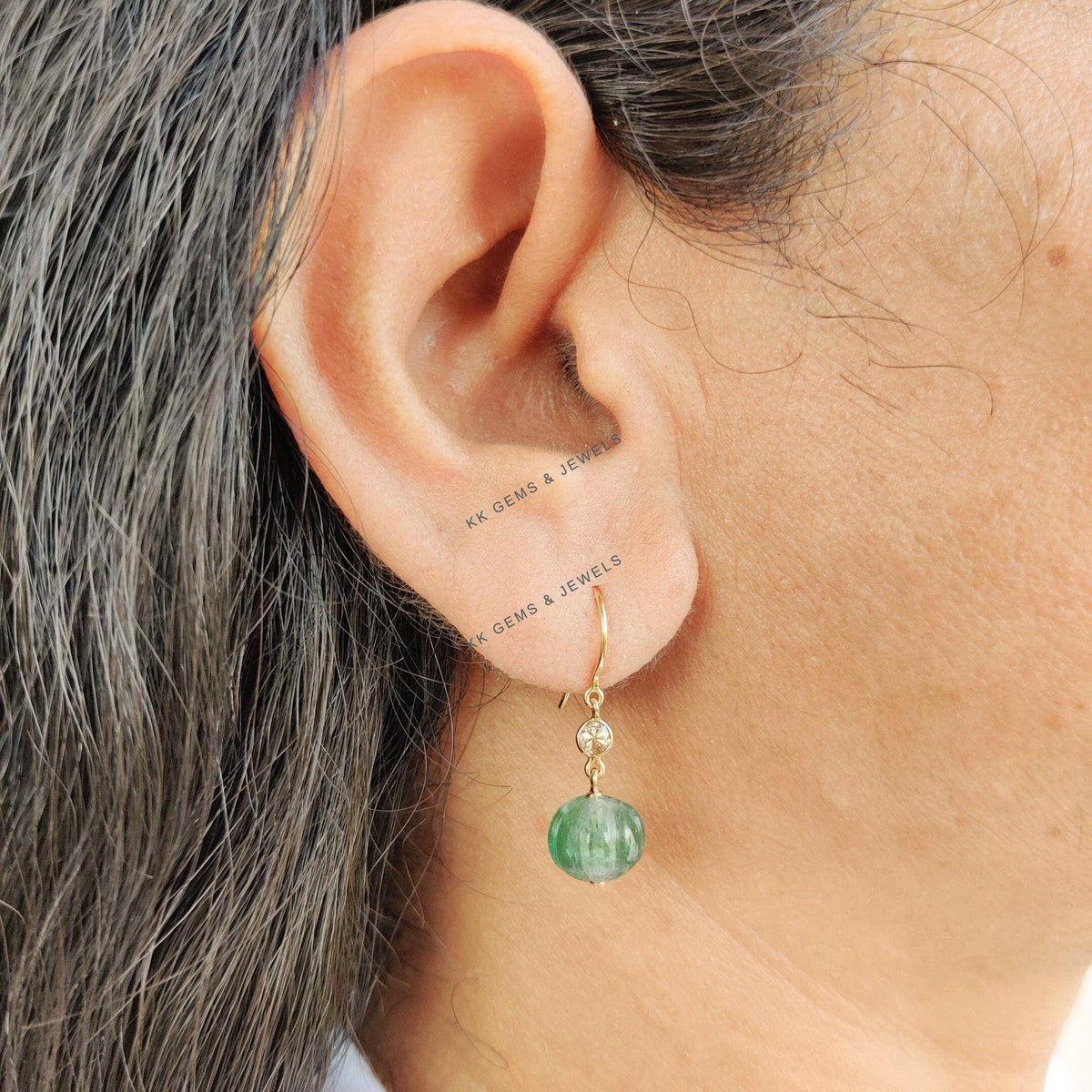 14K Solid Yellow Gold Natural Green Tourmaline & Diamond Earrings, October Birthstone, Anniversary Gift
