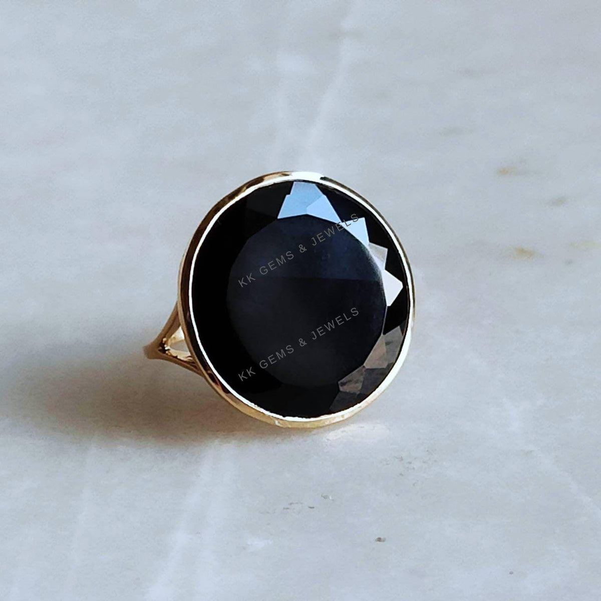 14K Solid Yellow Gold Natural Black Onyx Ring, Round Bezel Statement Ring, Christmas Present