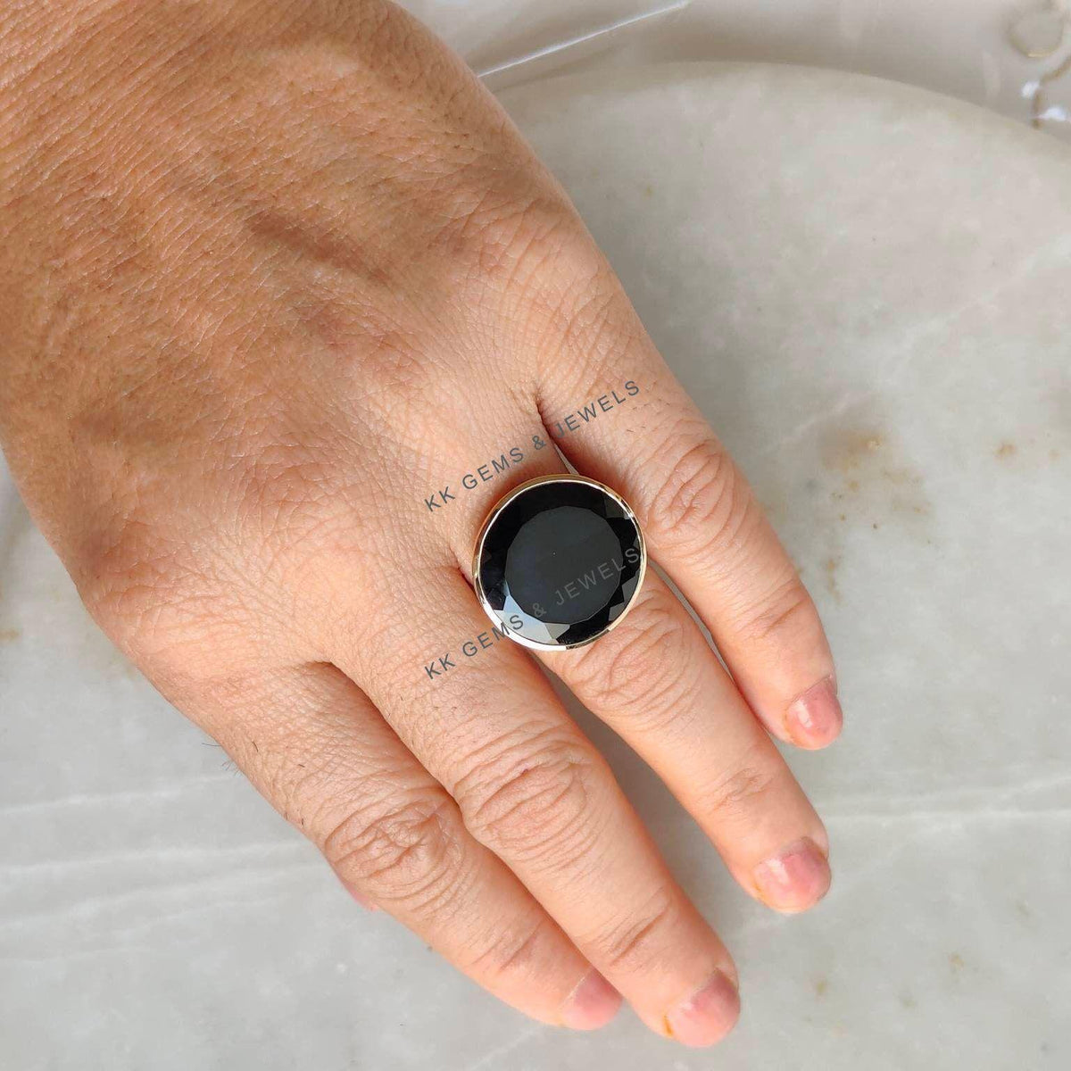 14K Solid Yellow Gold Natural Black Onyx Ring, Round Bezel Statement Ring, Christmas Present
