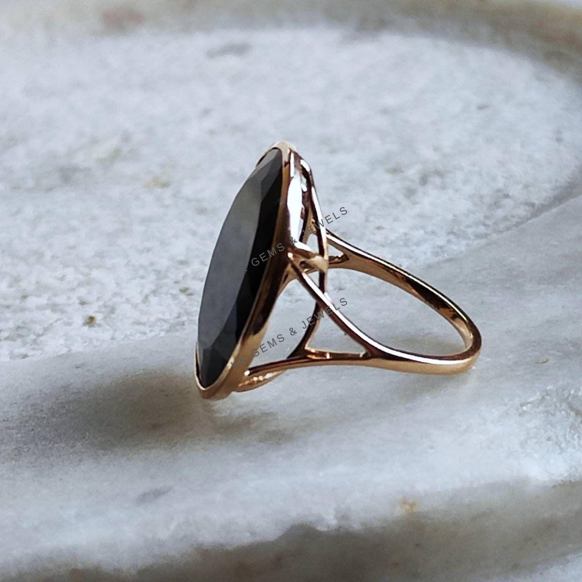 14K Solid Yellow Gold Natural Black Onyx Ring, Round Bezel Statement Ring, Christmas Present