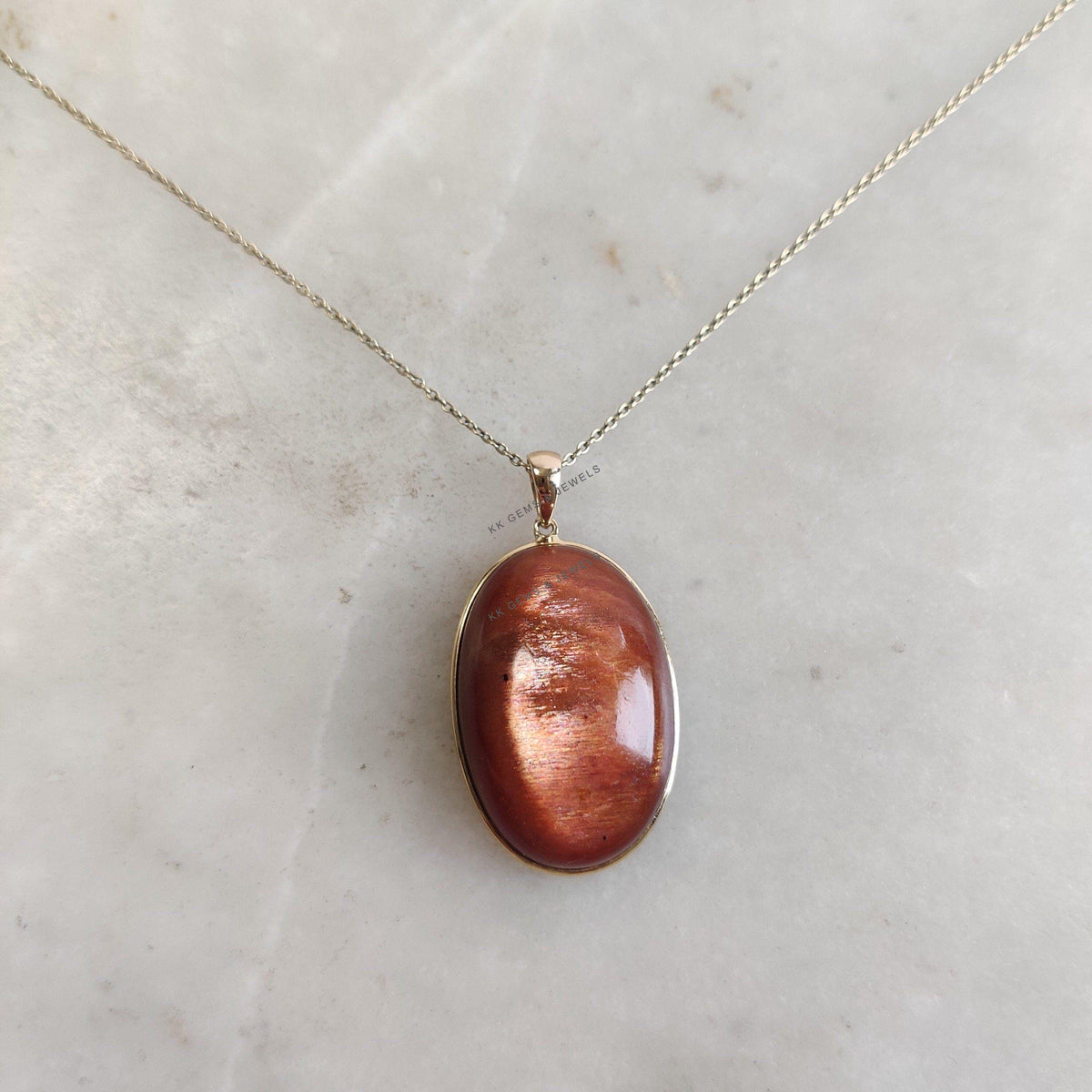14K Solid Yellow Gold Natural Sunstone Pendant, Oval Cabochon, July August Birthstone, Christmas Present