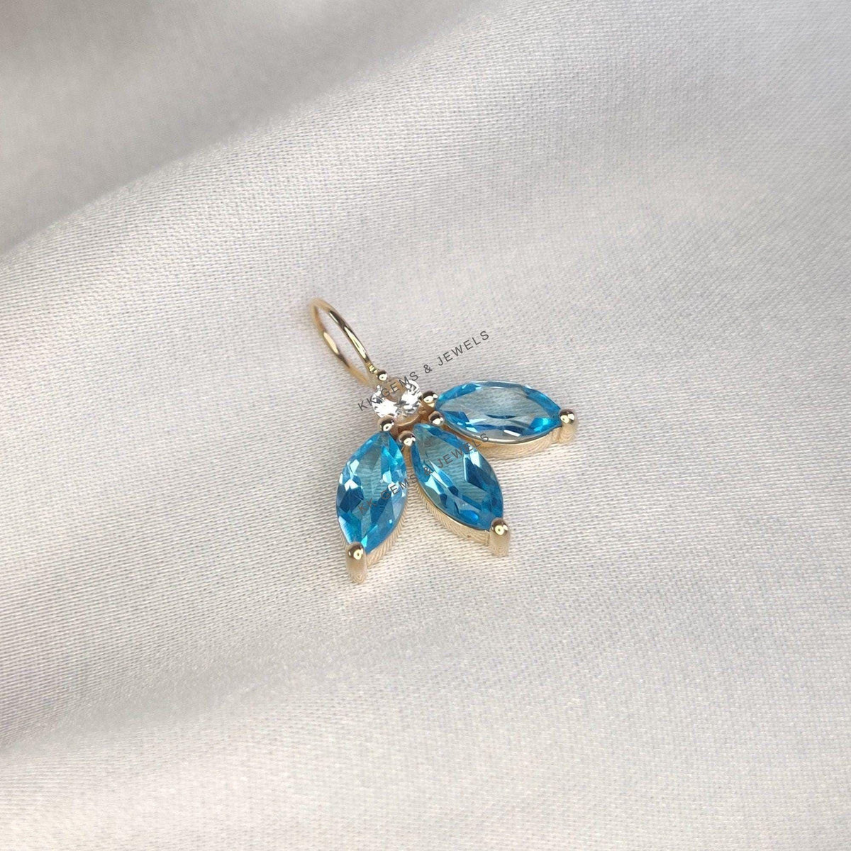 14K Solid Yellow Gold Natural Sky Blue Topaz & White Topaz Pendant, December Birthstone