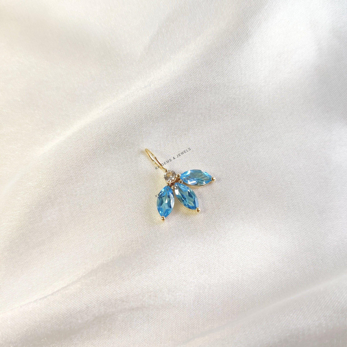 14K Solid Yellow Gold Natural Sky Blue Topaz & White Topaz Pendant, December Birthstone