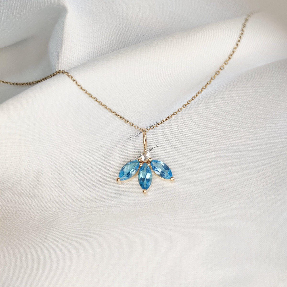 14K Solid Yellow Gold Natural Sky Blue Topaz & White Topaz Pendant, December Birthstone