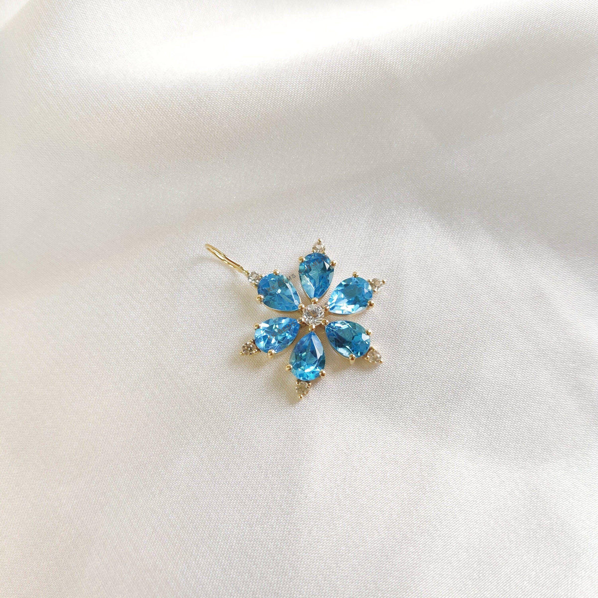 14K Solid Yellow Gold Natural Sky Blue Topaz & White Topaz Flower Pendant, December Birthstone