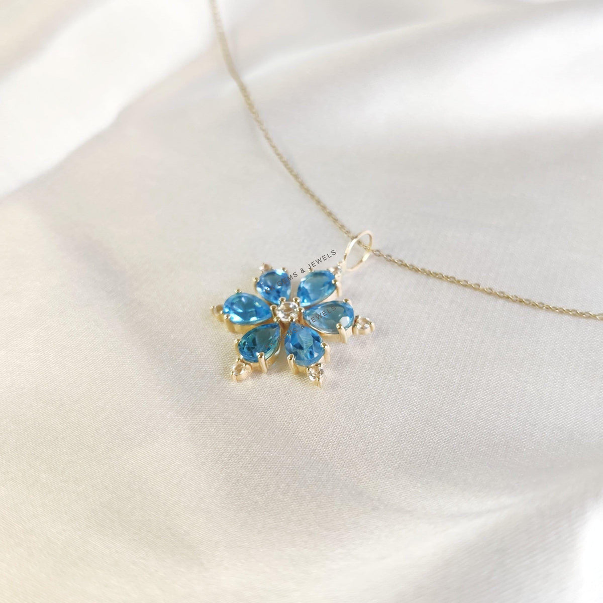 14K Solid Yellow Gold Natural Sky Blue Topaz & White Topaz Flower Pendant, December Birthstone