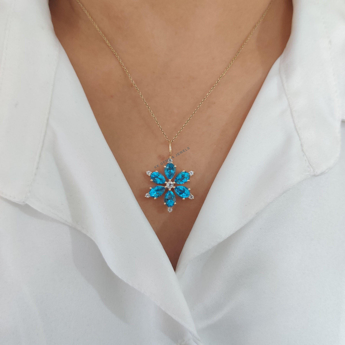 14K Solid Yellow Gold Natural Sky Blue Topaz & White Topaz Flower Pendant, December Birthstone