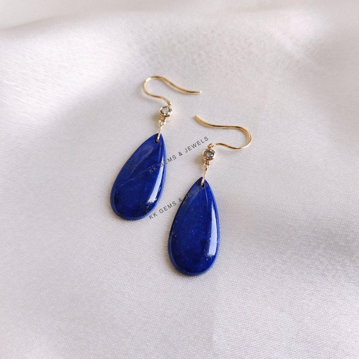 Natural Lapis Lazuli & Diamond Drop Earrings, 14K Solid Yellow Gold Earrings, September Birthstone