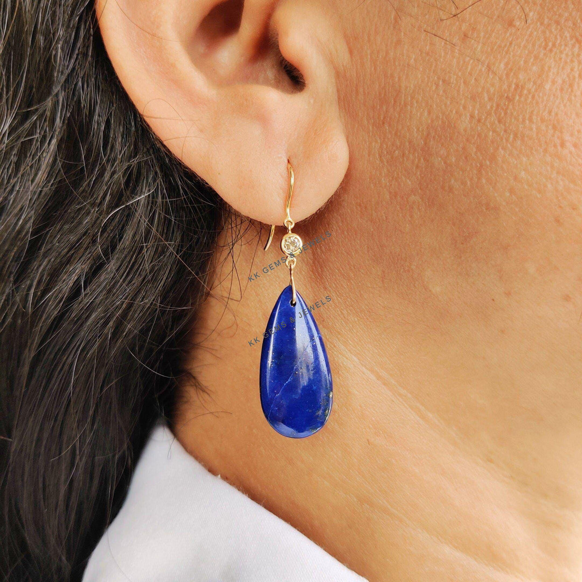 Natural Lapis Lazuli & Diamond Drop Earrings, 14K Solid Yellow Gold Earrings, September Birthstone