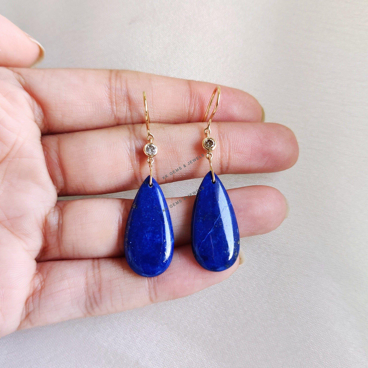Natural Lapis Lazuli & Diamond Drop Earrings, 14K Solid Yellow Gold Earrings, September Birthstone