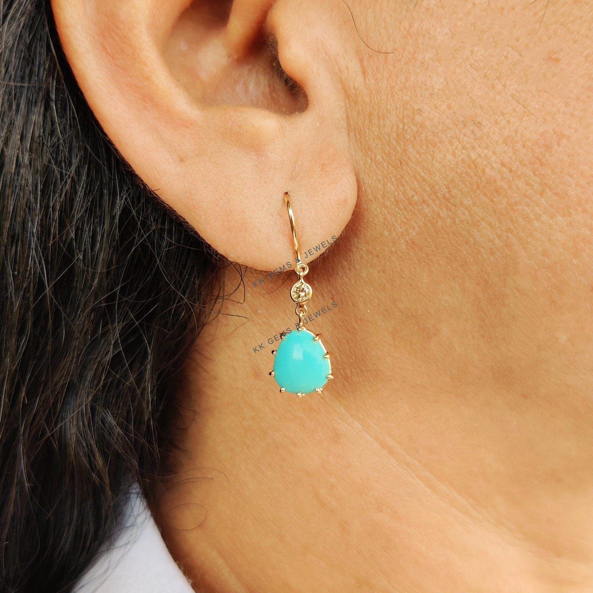 Natural Arizona Turquoise & Diamond Earrings, 14K Solid Yellow Gold Diamond Dangle Jewelry, Christmas Present