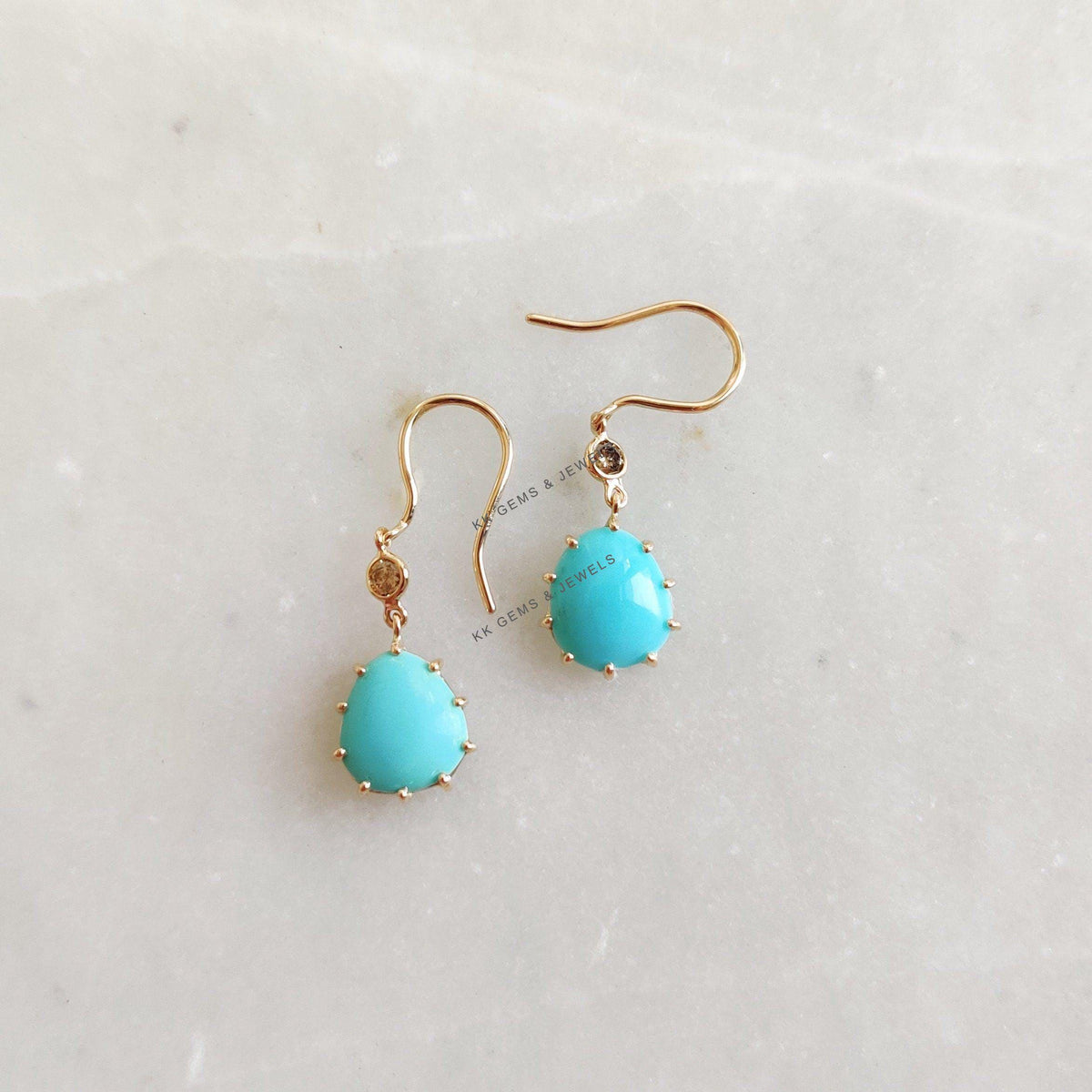 Natural Arizona Turquoise & Diamond Earrings, 14K Solid Yellow Gold Diamond Dangle Jewelry, Christmas Present