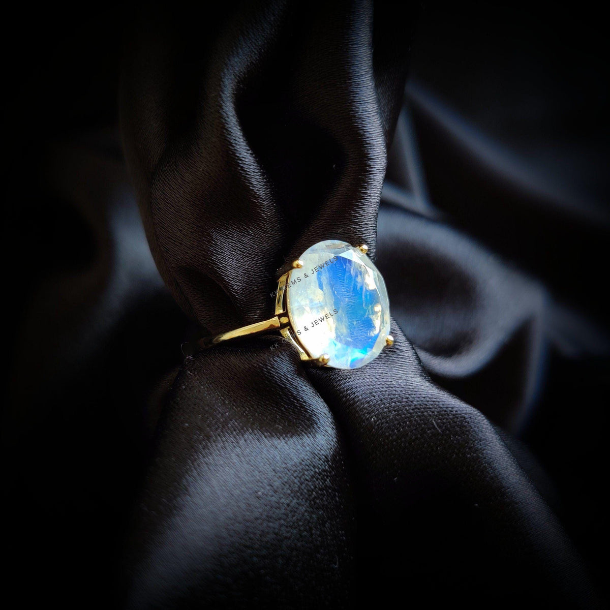 Oval Natural Rainbow Moonstone Ring, 14K Solid Yellow Gold Ring, June Birthstone, Christmas Present