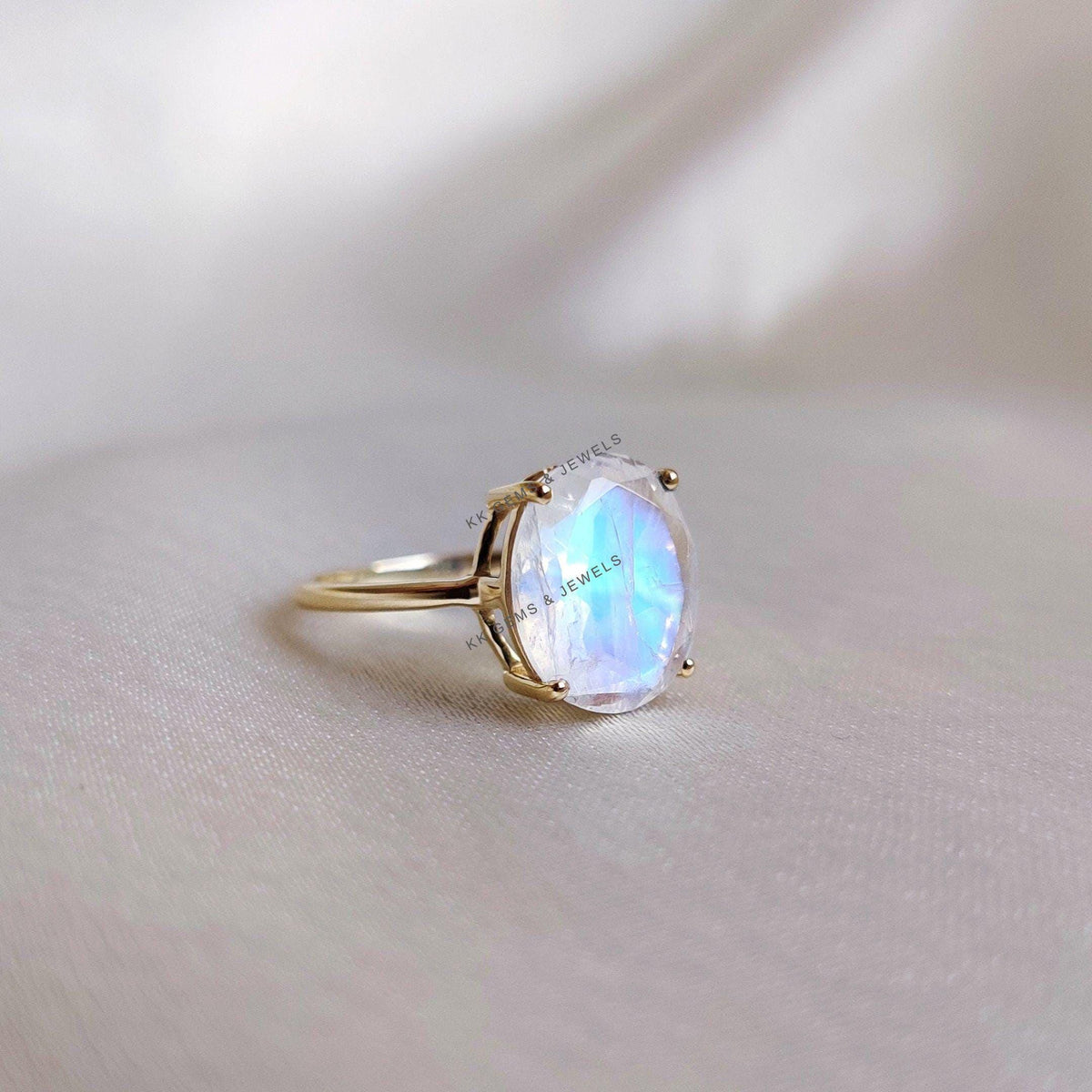Oval Natural Rainbow Moonstone Ring, 14K Solid Yellow Gold Ring, June Birthstone, Christmas Present