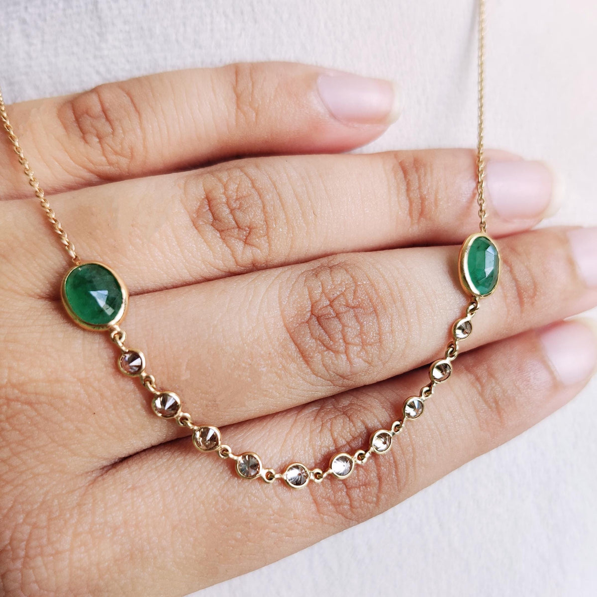 Natural Emerald & Diamond Chain Necklace, 14K Solid Yellow Gold, May Birthstone, Christmas Gift