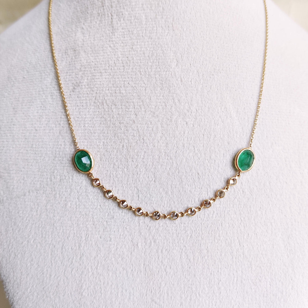 Natural Emerald & Diamond Chain Necklace, 14K Solid Yellow Gold, May Birthstone, Christmas Gift