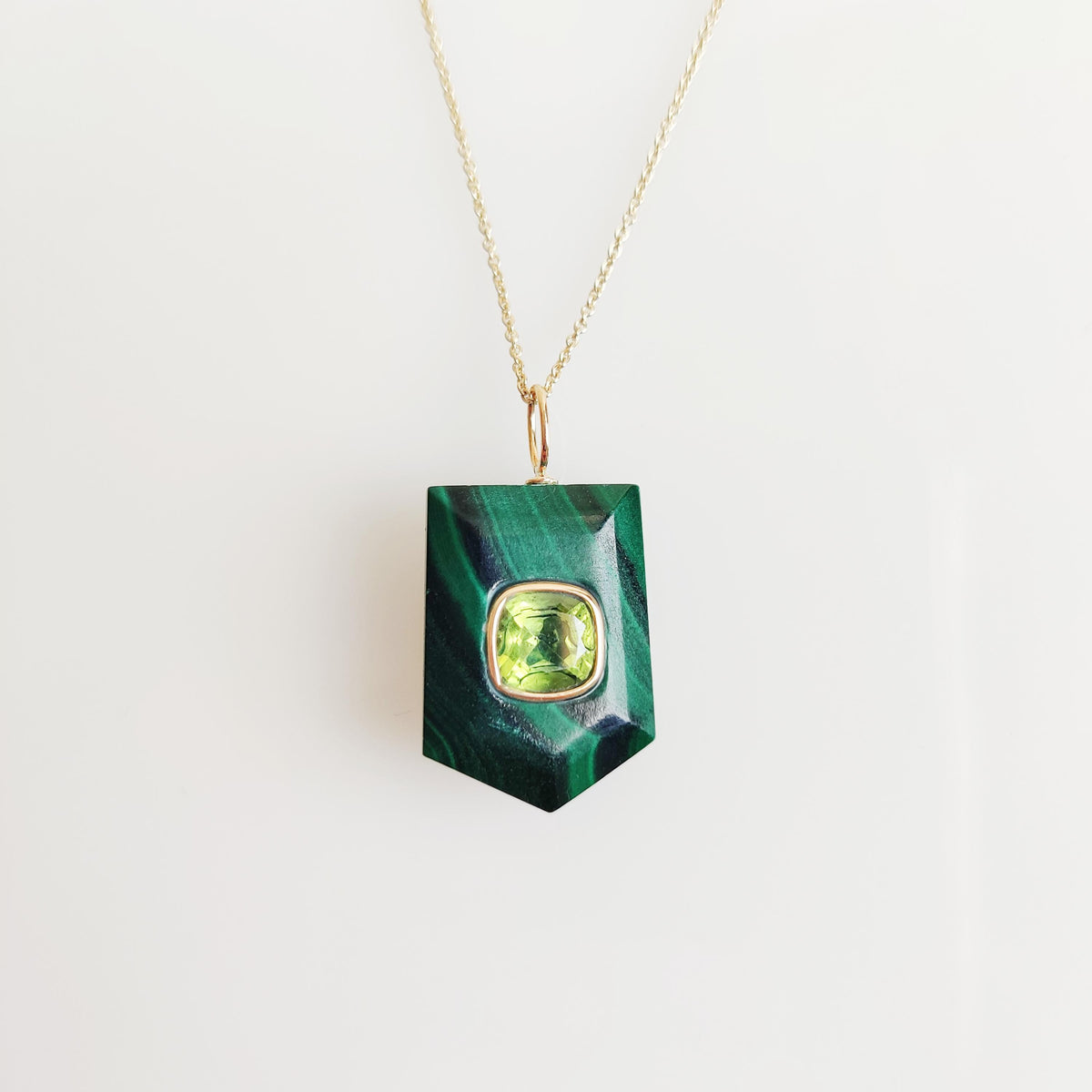 Natural Malachite & Peridot Pendant, 14K Solid Yellow Gold Pendant, May August Birthstone Pendant, Christmas Present