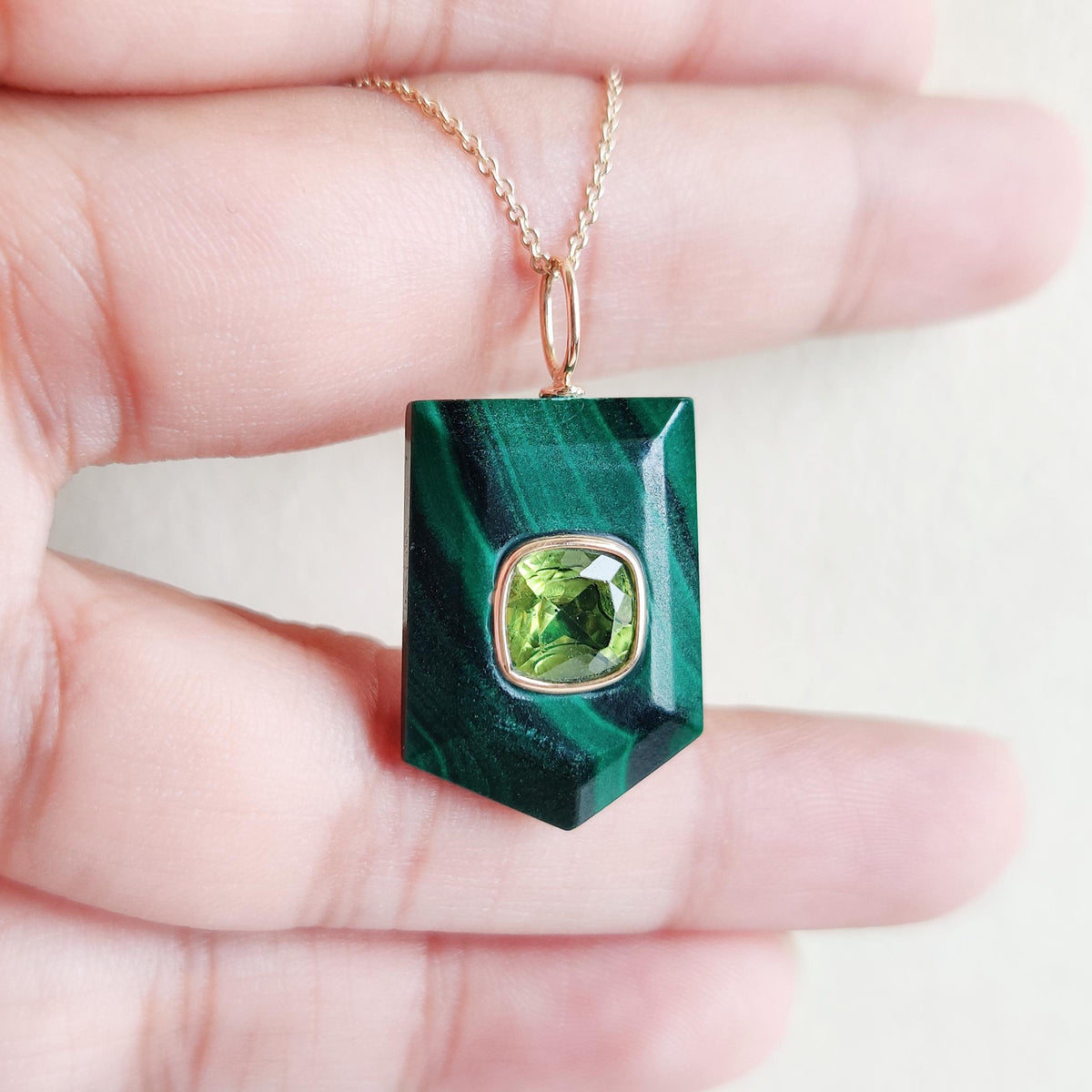 Natural Malachite & Peridot Pendant, 14K Solid Yellow Gold Pendant, May August Birthstone Pendant, Christmas Present