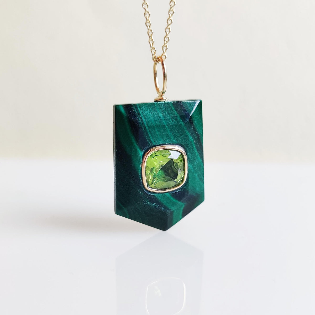 Natural Malachite & Peridot Pendant, 14K Solid Yellow Gold Pendant, May August Birthstone Pendant, Christmas Present