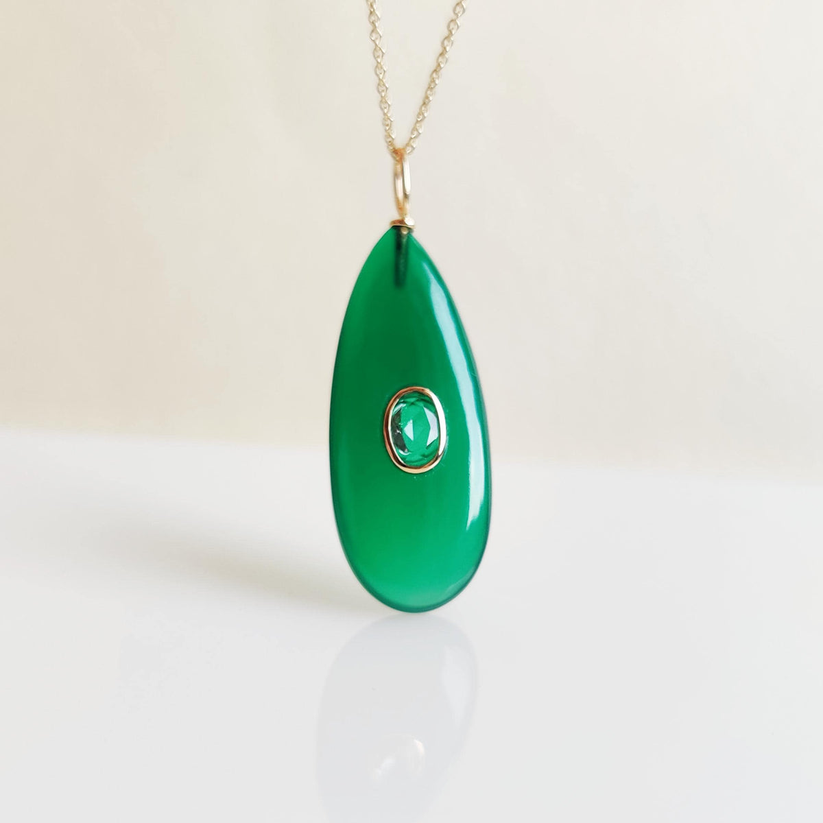 Natural Green Onyx & Aquamarine Pendant, 14K Solid Yellow Gold Pendant, March May Birthstone Pendant, Christmas Present