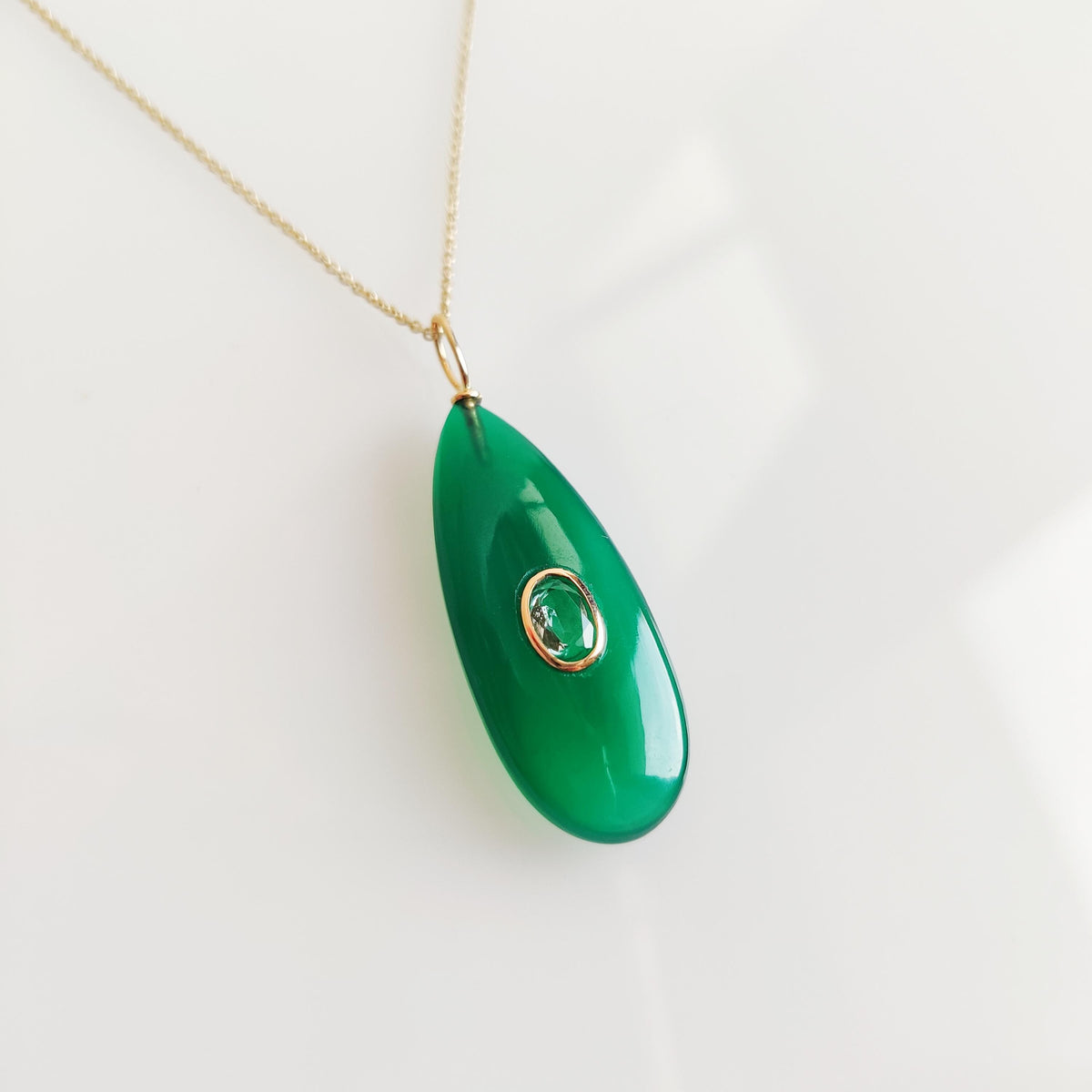 Natural Green Onyx & Aquamarine Pendant, 14K Solid Yellow Gold Pendant, March May Birthstone Pendant, Christmas Present
