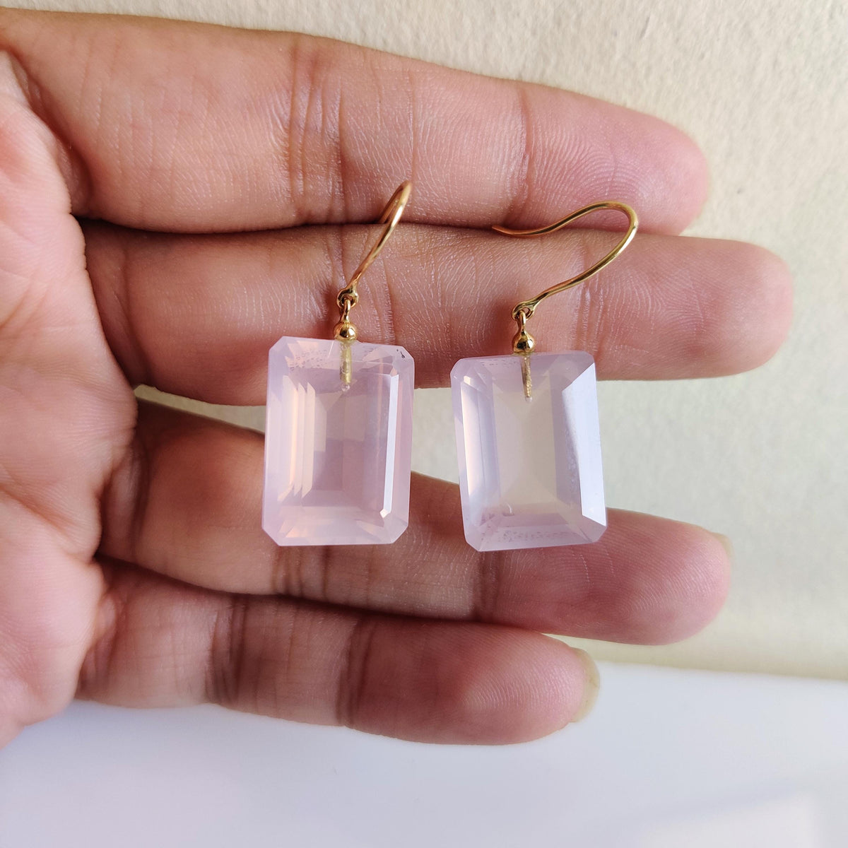 Natural Rose Quartz 14K Solid Yellow Gold Earrings, January Birthstone Jewelry, Christmas Present