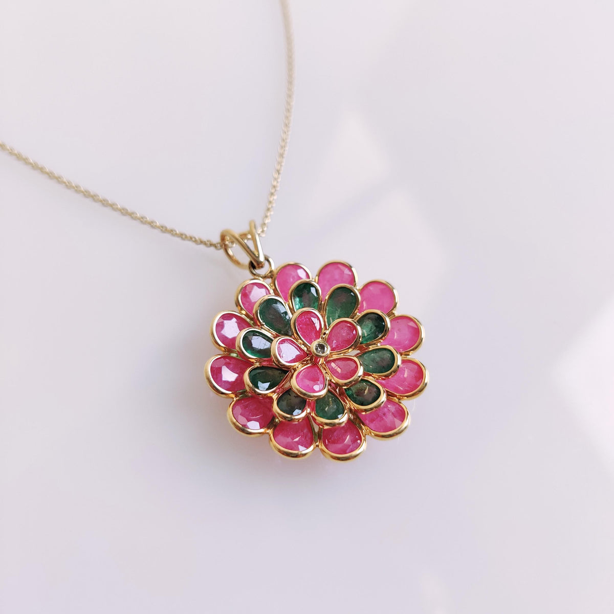 Natural Ruby Emerald & Diamond Flower Pendant, 14K Solid Yellow Gold, May July Birthstone