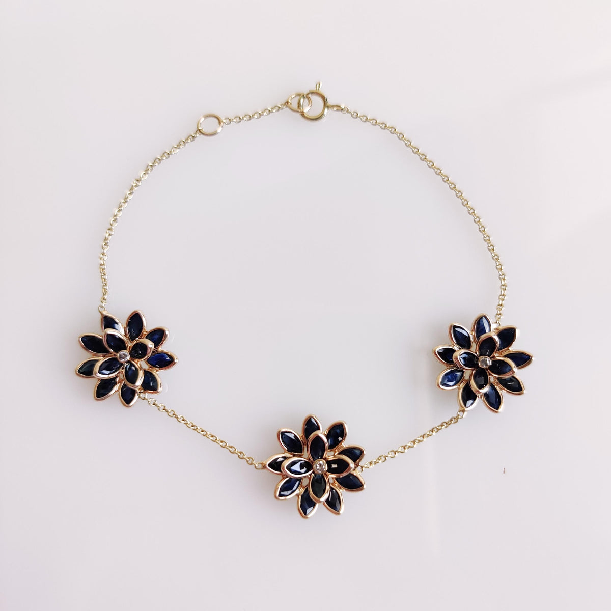 14K Solid Yellow Gold Natural Blue Sapphire & Diamond Flower Bracelet, September Birthstone, Christmas Present