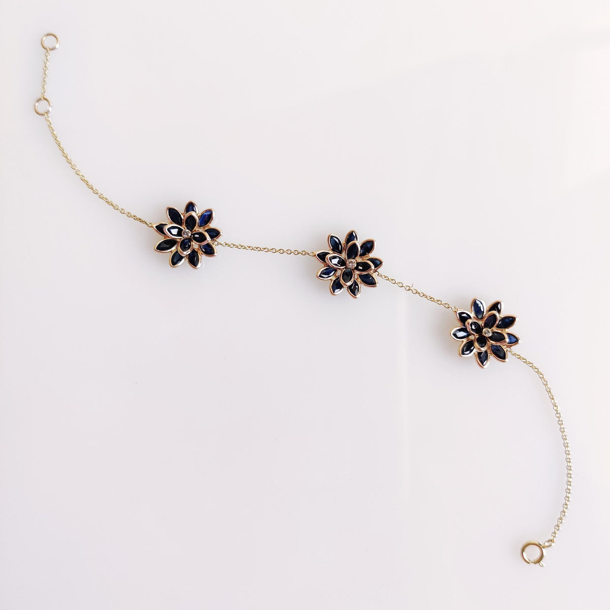 14K Solid Yellow Gold Natural Blue Sapphire & Diamond Flower Bracelet, September Birthstone, Christmas Present