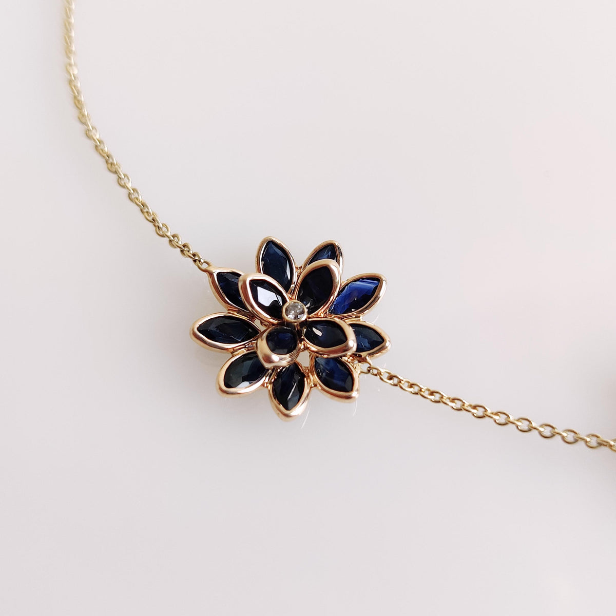 14K Solid Yellow Gold Natural Blue Sapphire & Diamond Flower Bracelet, September Birthstone, Christmas Present