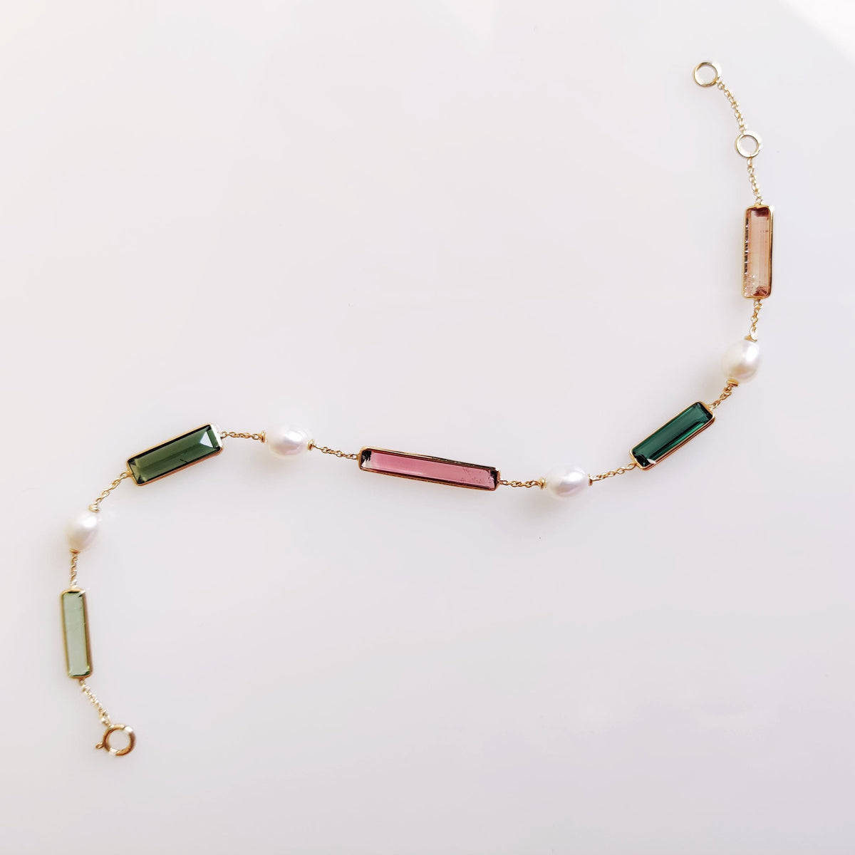 14K Solid Yellow Gold Natural Multi Tourmaline & Pearl Bracelet, October Birthstone, Christmas Present