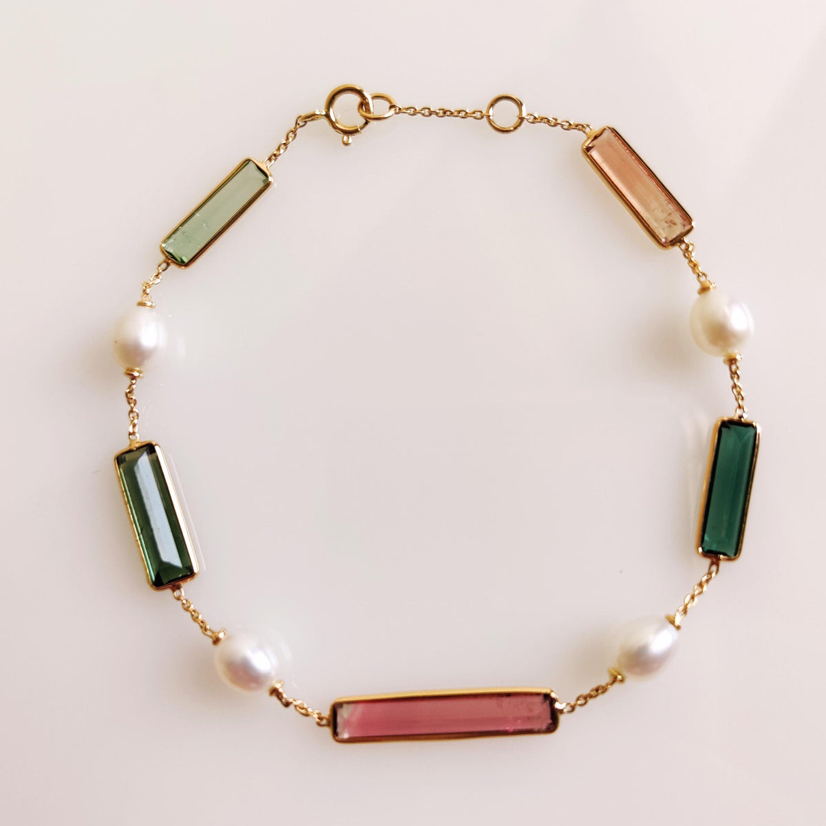 14K Solid Yellow Gold Natural Multi Tourmaline & Pearl Bracelet, October Birthstone, Christmas Present