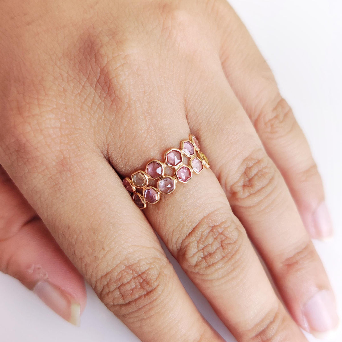 14K Solid Yellow Gold Natural Multi Sapphire Ring, Dainty Bezel Eternity Band, Christmas Present