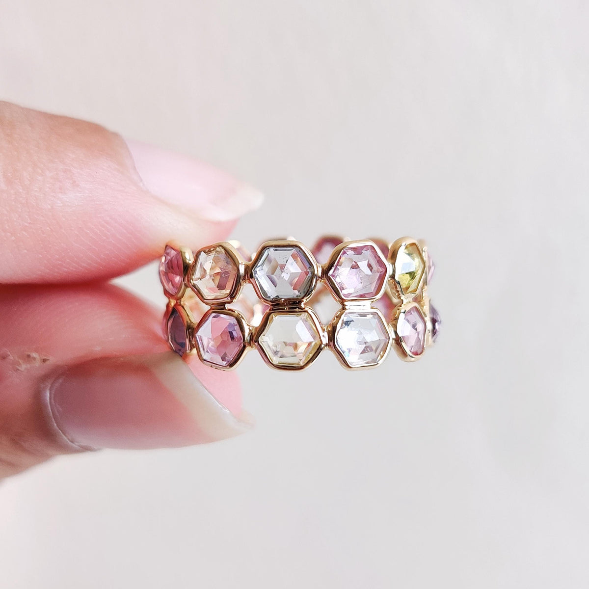 14K Solid Yellow Gold Natural Multi Sapphire Ring, Dainty Bezel Eternity Band, Christmas Present