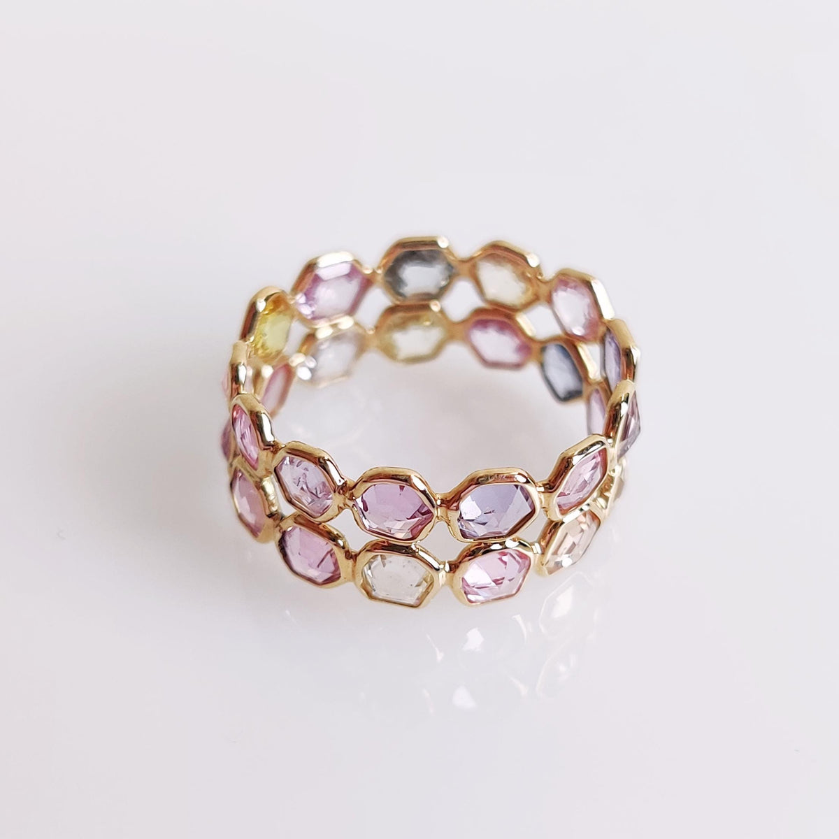 14K Solid Yellow Gold Natural Multi Sapphire Ring, Dainty Bezel Eternity Band, Christmas Present