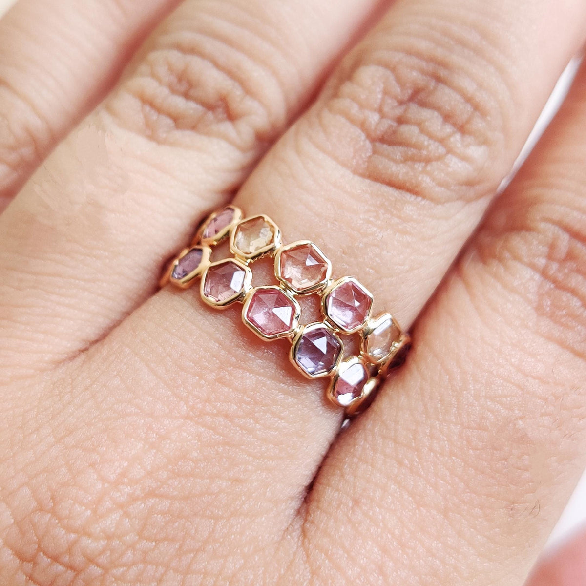 14K Solid Yellow Gold Natural Multi Sapphire Ring, Dainty Bezel Eternity Band, Christmas Present