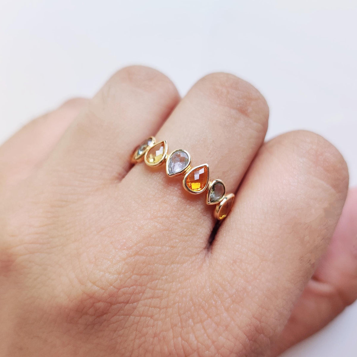 14K Solid Yellow Gold Natural Multi Sapphire Ring, Dainty Bezel Eternity Band, Christmas Present