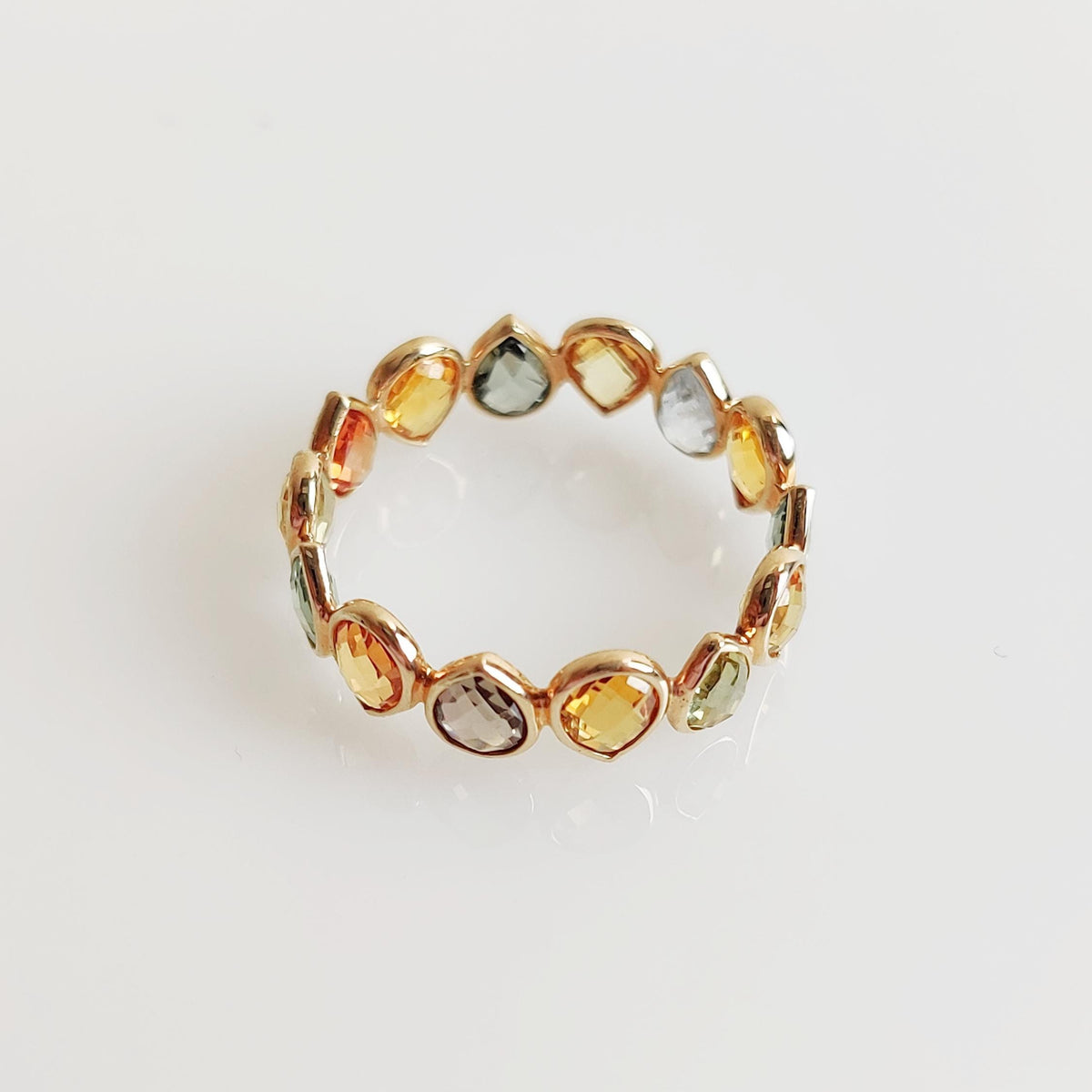 14K Solid Yellow Gold Natural Multi Sapphire Ring, Dainty Bezel Eternity Band, Christmas Present
